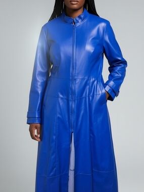 Blue Long Faux-Leather Trench Coat - Women's Jacket